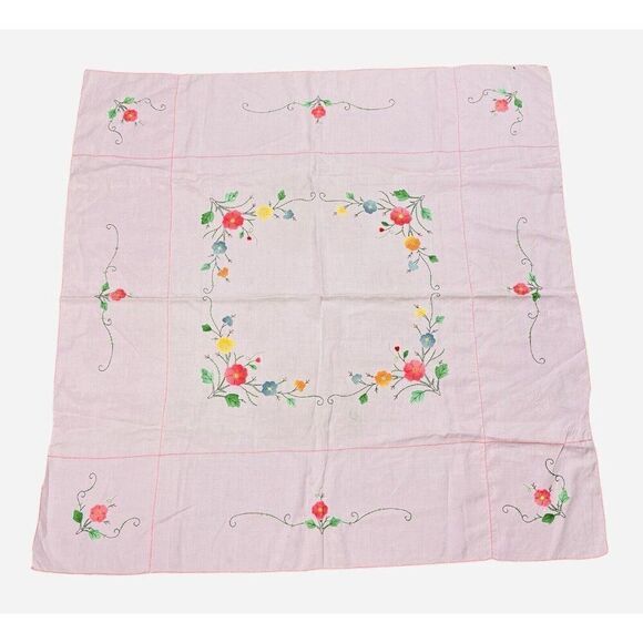Vintage Handmade Pink Square Embroidered Floral Tablecloth 42 x 41 Appliqué Cute - Picture 1 of 16